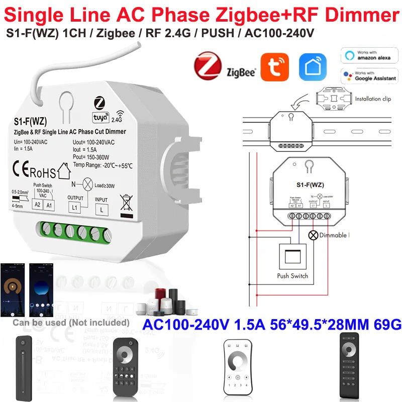 

Умный Wi-Fi RF AC Triac диммер-контроллер Tuya Smart Life для LED-ламп с кнопочным выключателем, 110В/220В/230В, беспроводное дистанционное управление, совместимость с Alexa и Google Home