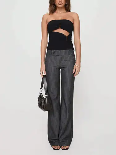 Imagen 2 del producto Pantalones largos a rayas con cintura elástica para mujer, cintura baja, informal, para trabajo, negocios, diseño de botones, cintura baja, adecuado para oficina