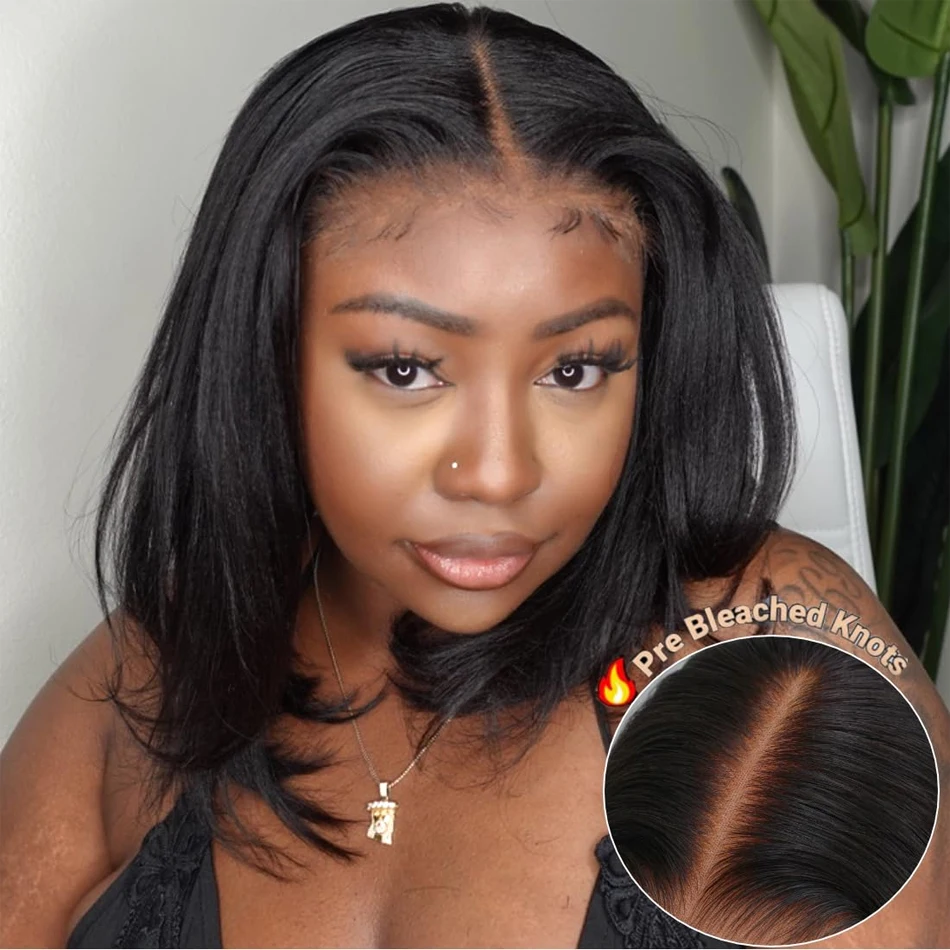 

Sale Glueless Wig Human Hair Ready To Wear Kinky Straight 13x4 HD Transparent Lace Frontal Yaki Bob Wig For Women Remy Brazilian