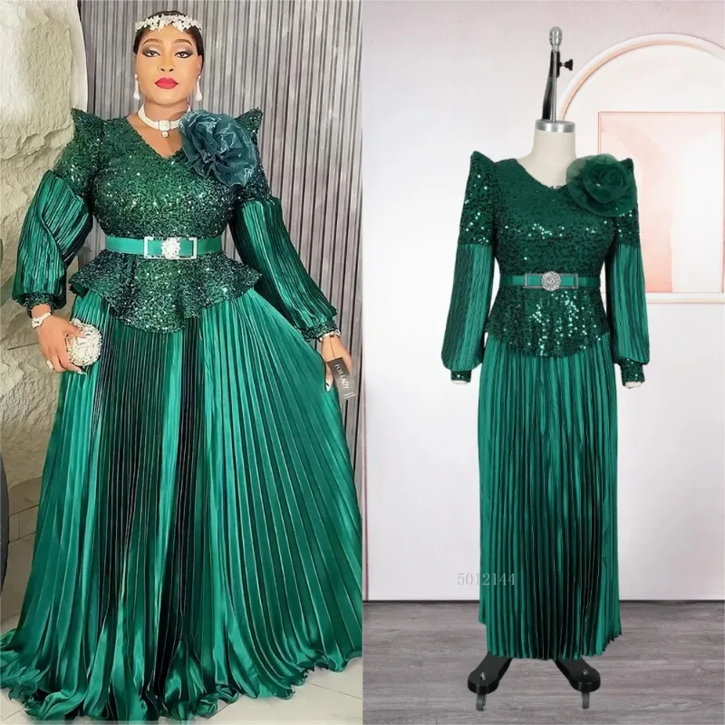 

Элегантное африканское платье макси с длинным рукавом и v-образным вырезом, плиссированное свадебное вечернее рождественское платье для женщин