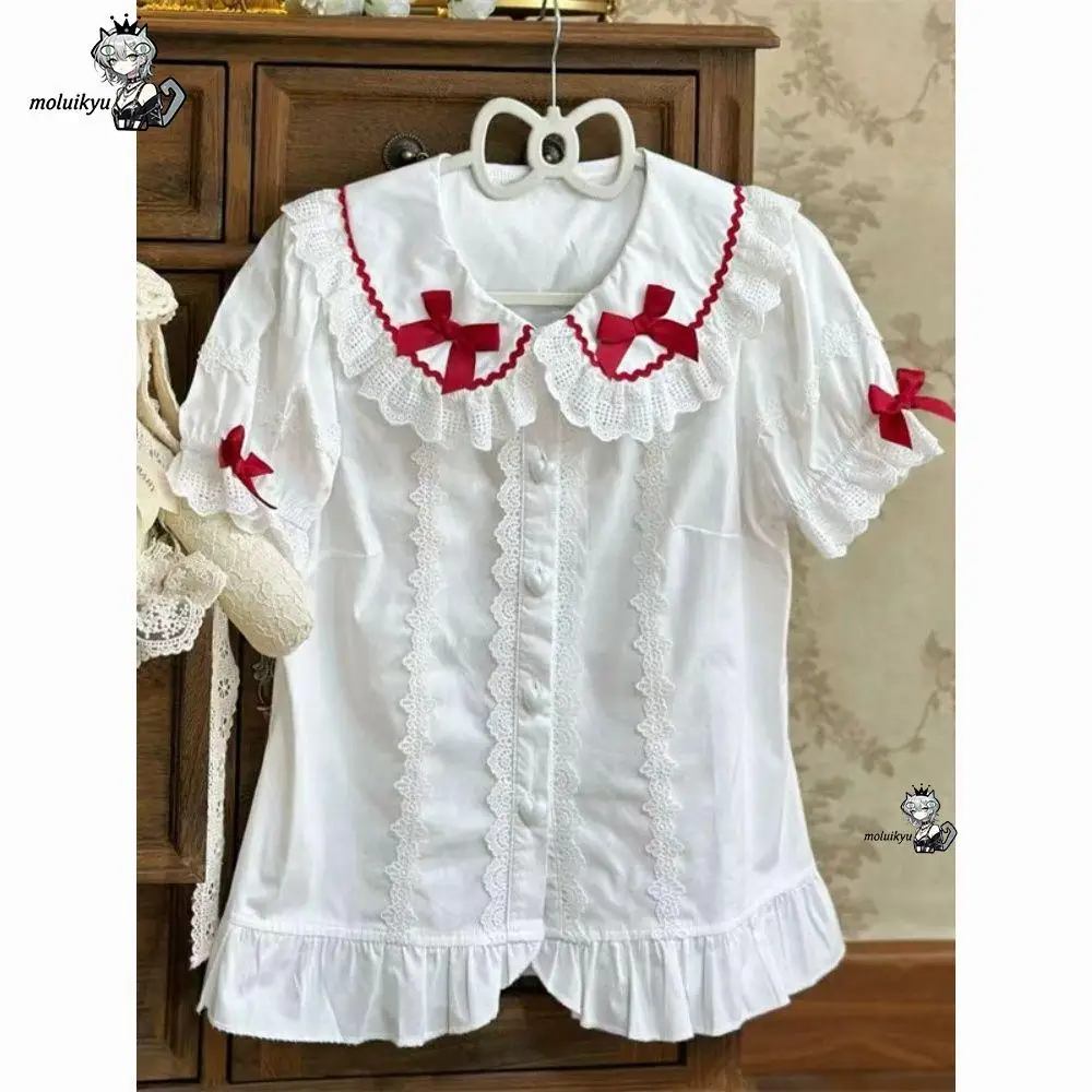 

Japanese Girls Shirt Sweet Lolita Blouses Women Kawaii Peter Pan Collar Summer Tops Girls Bow Puff Sleeve Lace Trim Cute Blouse