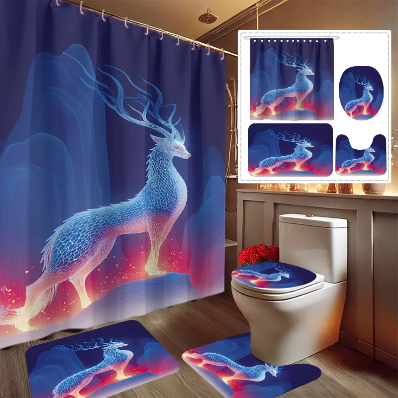 4pcs Fantasy Beast Star Print Shower Curtain Set, Decorative Bathroom Set Includes Shower Curtain, Non-Slip Floor Mat, Toilet