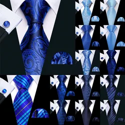 Navy Royal Sky Blue Men Tie Hanky Cufflinks Set Jacquard Cyan Teal Turquoise Necktie for Male Wedding Business