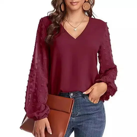 Dames effen tops blouses dames 2024 lange mouw elegante v-hals losse shirt blouse casual shirts lente zomer dames top