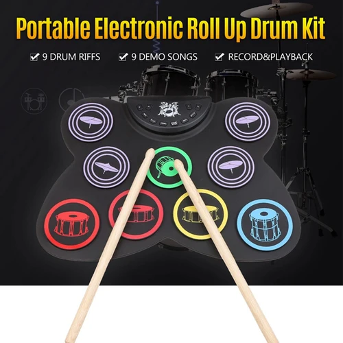 Imagen 2 del producto Tambores de música plegables, rollo de mano USB, tambor electrónico de silicona, Kit de tambores de práctica portátil, Kit de 7 almohadillas con baquetas, Pedal de apoyo