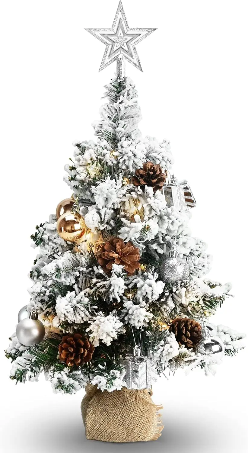 

24' Snowy Mini Christmas Tree with LED Lights, Pine Cones, Balls, Star Topper & Gift Box