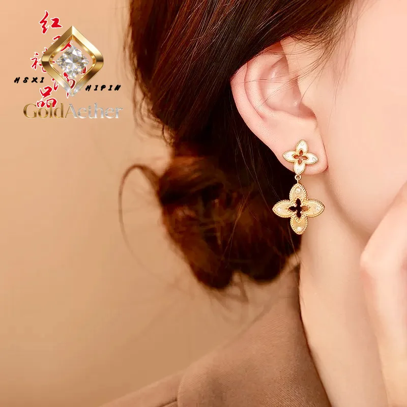 

GoldAether Luxury 24K 9999 Pure Gold real gold Women's hollow leaf stud earrings