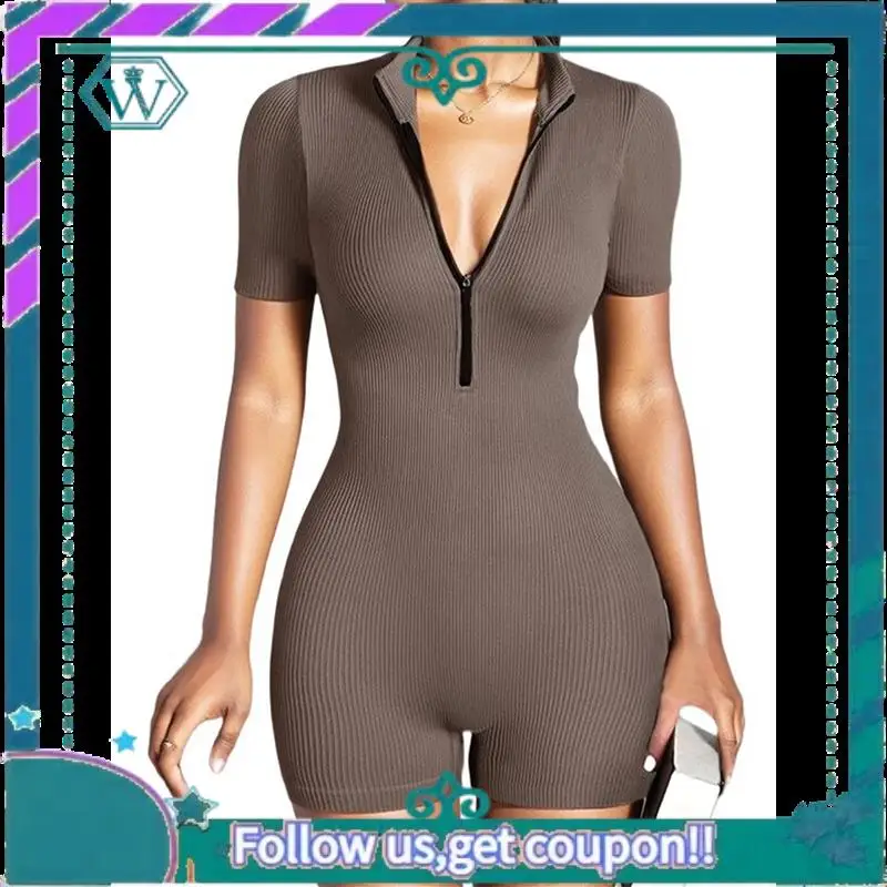 A09P ثوب فضفاض نسائي مضلع بأكمام قصيرة وسحاب أمامي قابل للتمدد للتحكم في البطن وتمارين اليوجا