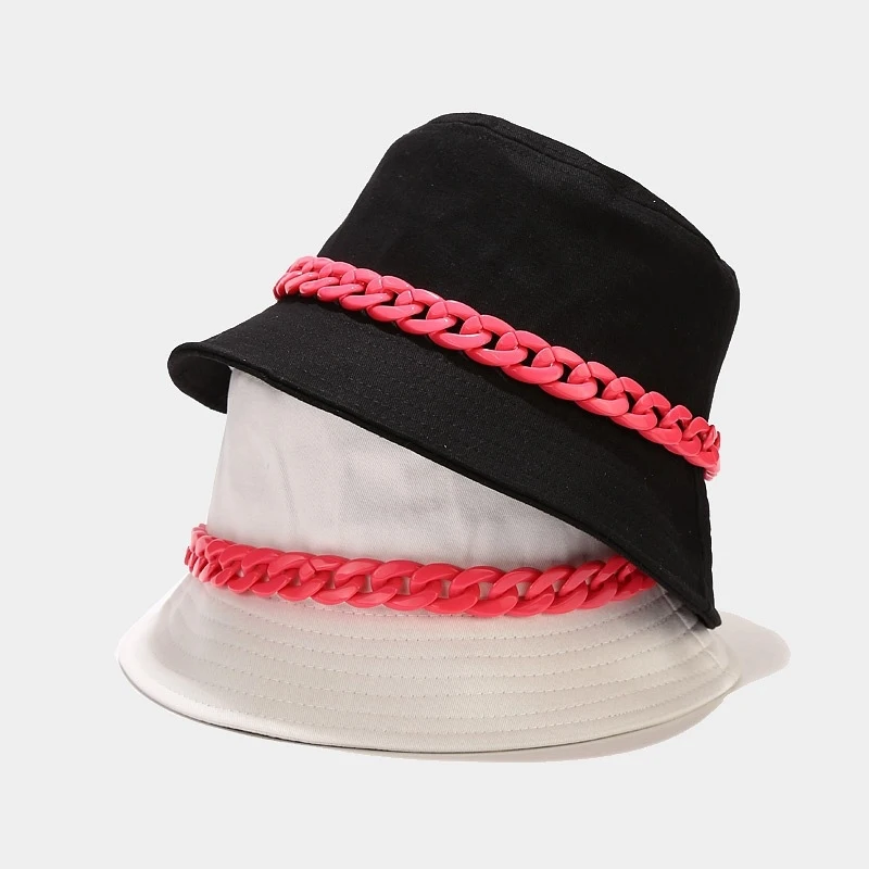 Colorful Chain Decor Bucket Hat For Women Men, Casual Solid Cotton Fisherman Cap, Cool Streetwear Sun Hat With Plastic Chain