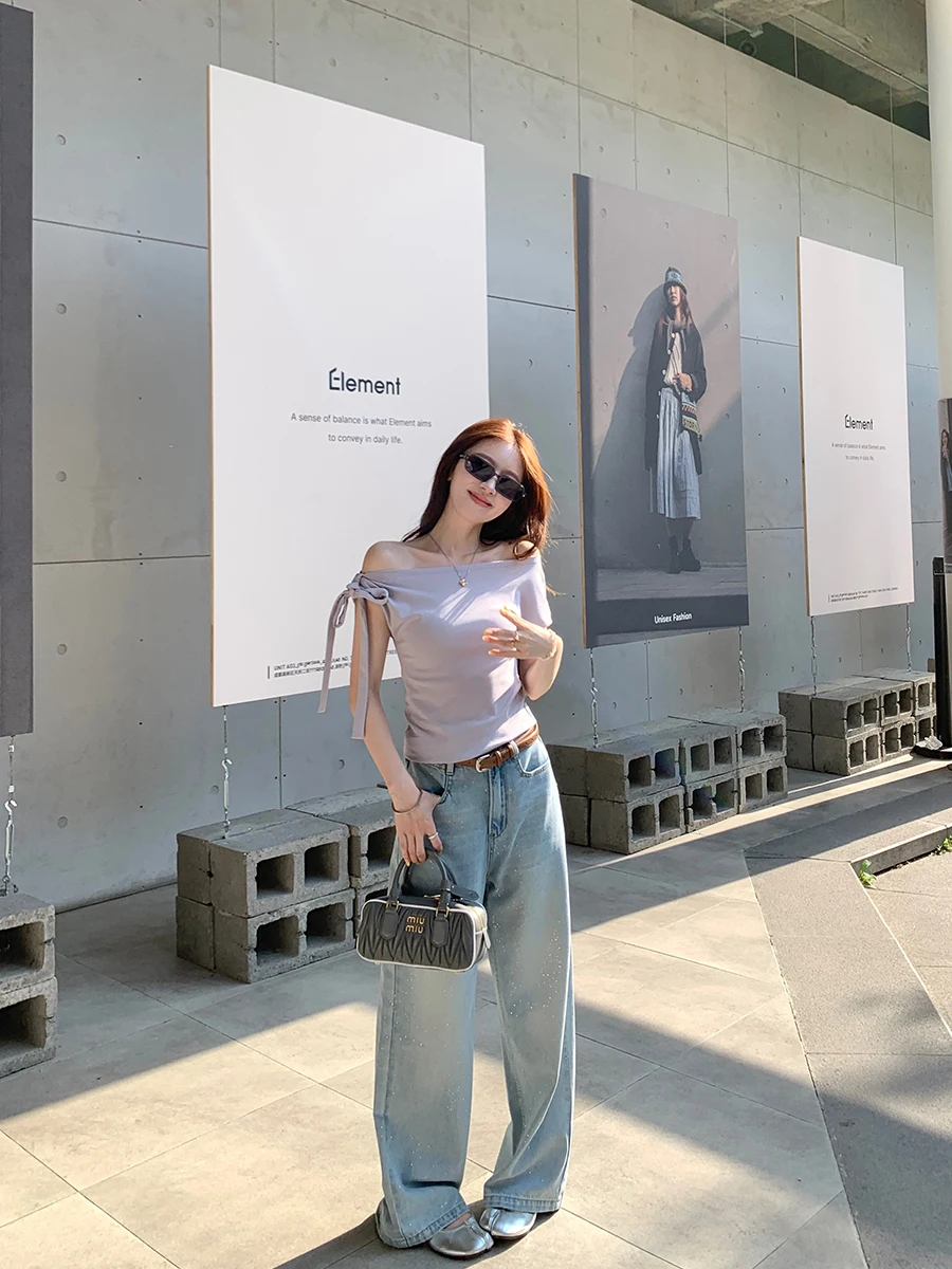 

YANUOYU Gold Emed Loose Fit Women's Jeans Vintage Draped Wide Leg Pants Casual High Waist Summer Faion Ladies' Jeans