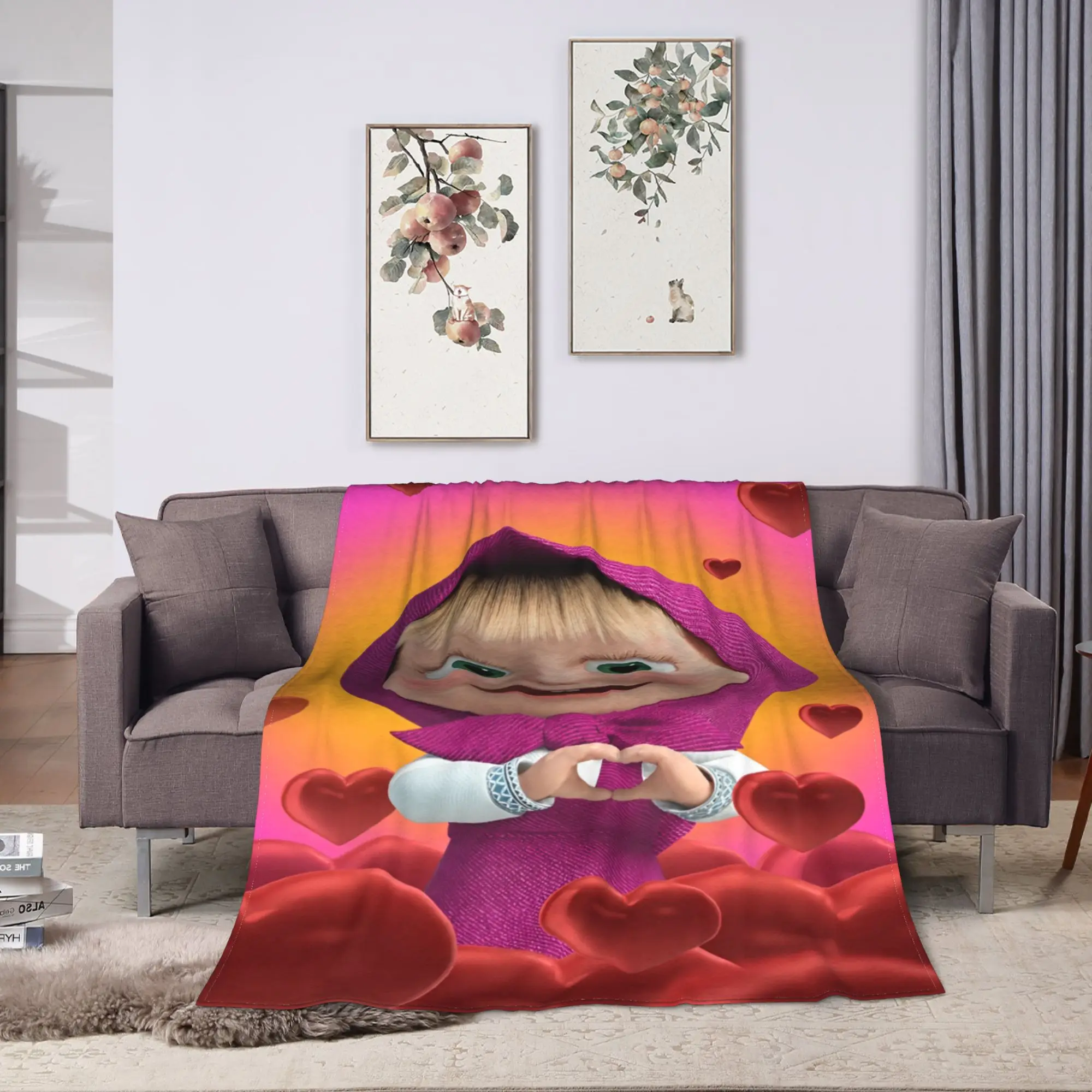 Soft Blanket Children Picnic M-Mashas and B-Bears Heart Portrait Throw Blanket  Flannel Bedspread For Bedroom Sofa Bed Cover