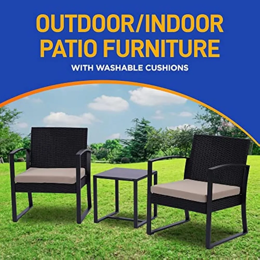 Patio Outdoor Furniture, 3 Pcs. Per Set-includes 2 Single Chairs with Soft Cushion and 1 Glass-top Coffee Table