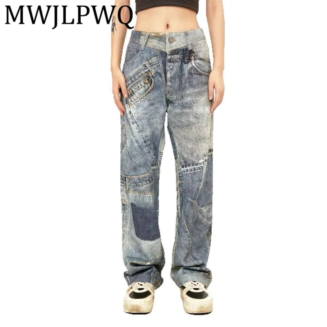 

MWJLPWQ Deconstructed 3D Printed Jeans Men's American Style Design Sense Niche High Street Loose Straight Pants Autumn New 11985