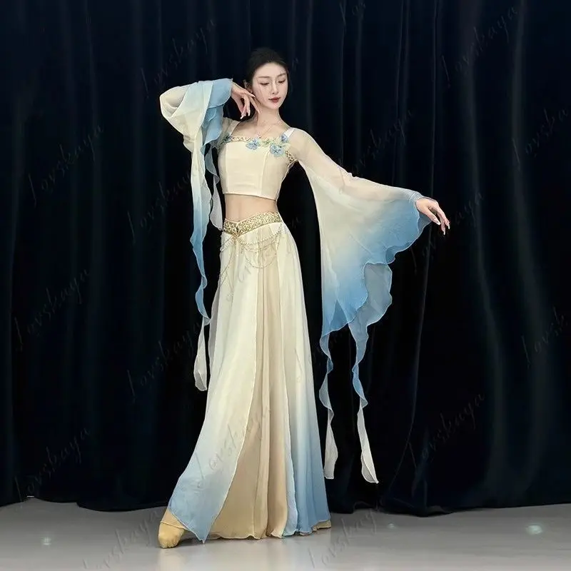 고전 무용 의상 우아한 요정풍 큰 치마 고대 스타일 공연 의상 이국적인 둔황 스타일 싱글 탑 엘라스테인