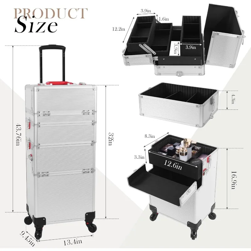 Professional Rolling Makeup Train Case, Multi-functional Cosmetic Trolley with 360° Swivel Wheels Keys Traveling