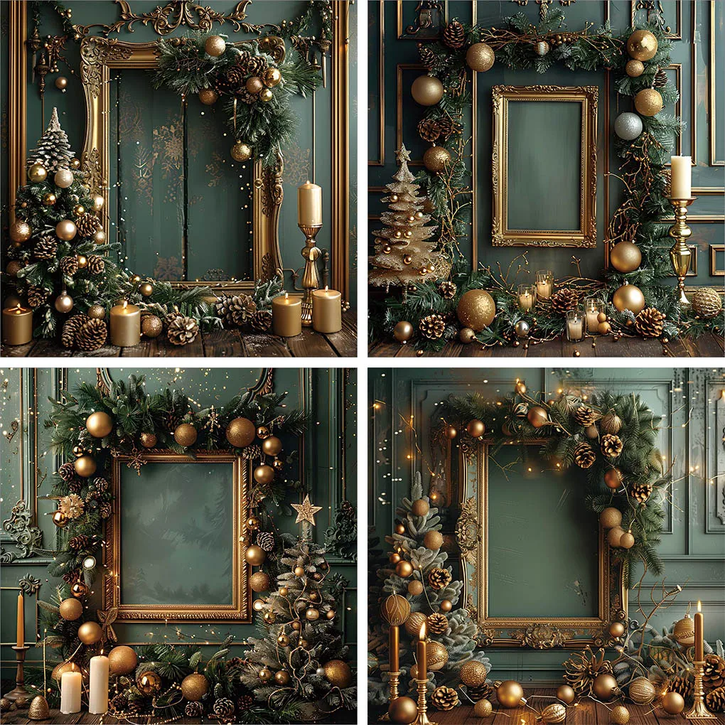 

Mehofond Christmas Green Wall Photography Background Gold Photo Frame Kids Birthday Party Baby Shower Xmas Ball Backdrop Photo