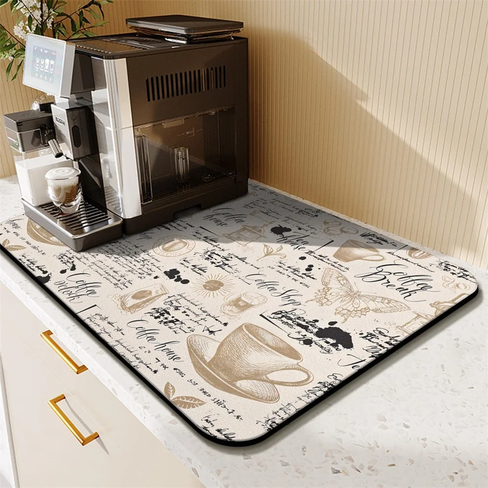 Coffee cup drying mat Cartoon black non-slip absorbent mat diatoms tableware Kitchen counter drain mat Coffee bar drain mat