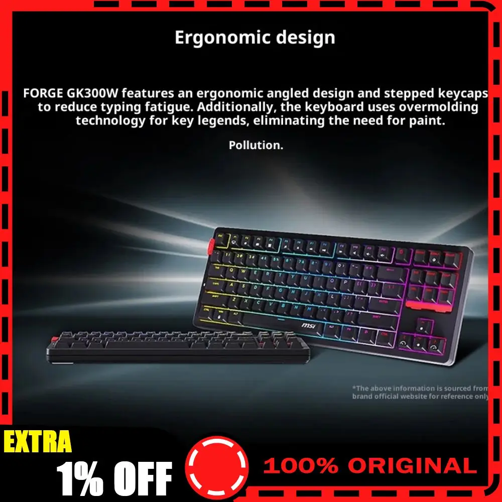 

MSI FORGE GK300W Three Mode Wireless Mechanical Keyboard Gaming Office Hot Swap PBT Keycaps RGB Light Gasket Ergonomic Keyboard