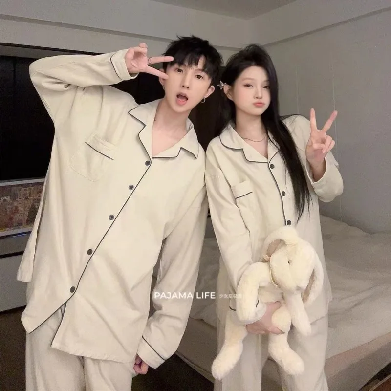 Couple Pajamas for Men Solid Sleepwear Korean Sleeping Night Wear Fleece Pijama 2 Pcs Pants Sets Winter Casual Home Suit 2024