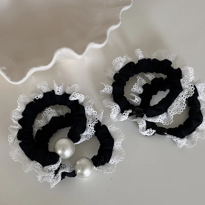 South Korea Dongdaemun New Pearl Headband Hair Band Elastic and Durable Rubber Band Leather Cover Sweet Lace Hair Rope