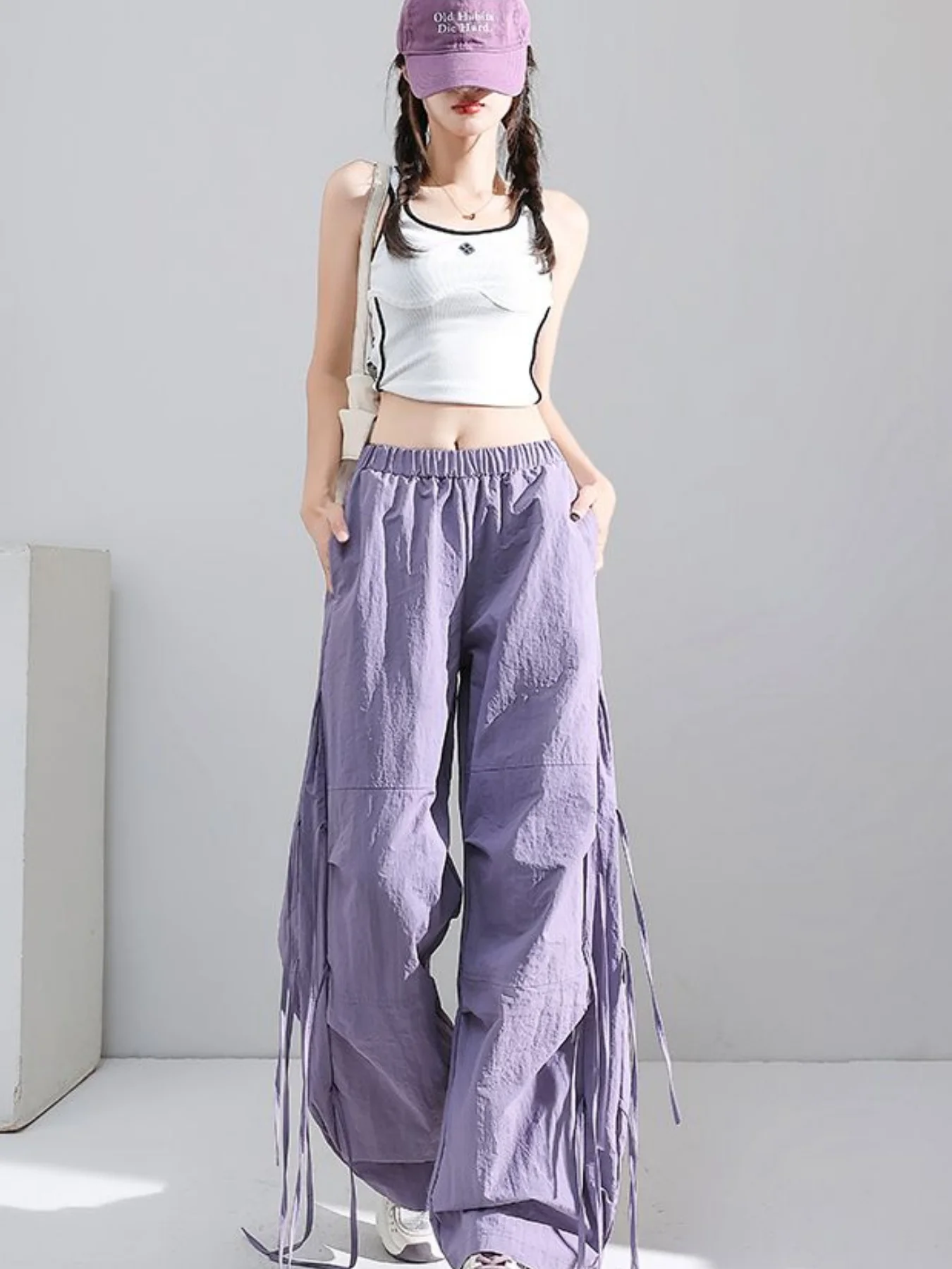 봄 신상 루즈핏 캐주얼 만능 릴렉스 스트레이트 레그 여성용 스웨트팬츠, 한국 스타일 도파민 사이드 리본 카고 팬츠