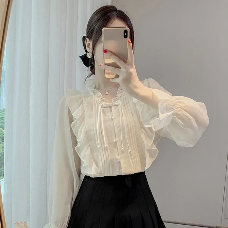 

Elegant Ruffles Patchwork Lace Chiffon Shirt Women 2025 Shirts & Blouses Bottoming Fashion Slim Fit Long Sleeve Tops Mujer