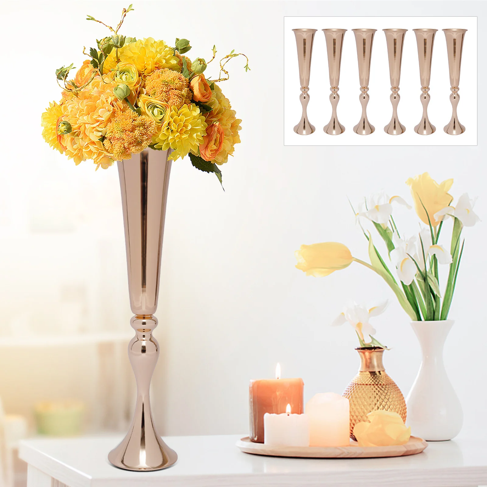 [Vase de hierro dorado] Florero dorado de hierro de alta resistencia de 6 piezas - Diseño acampanado alto para bodas en casa - Acabado de espejo resistente a impactos