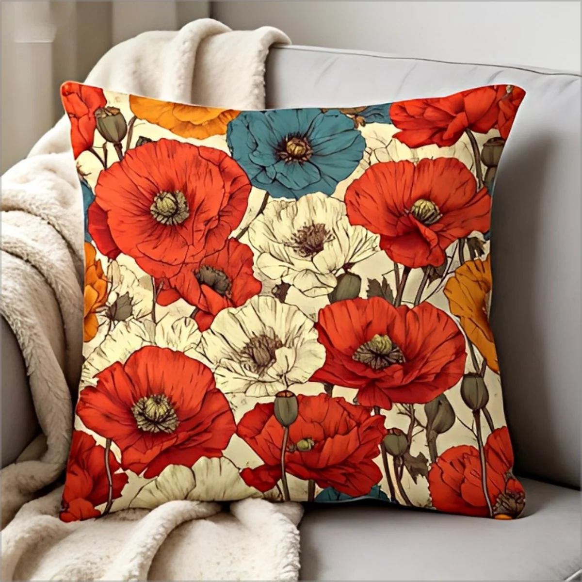 Vintage Boho Poppy Floral Throw Pillow Cover Retro Red Blue Flower Print Decorative Cushion Case for Home Sofa Couch Decor Gift