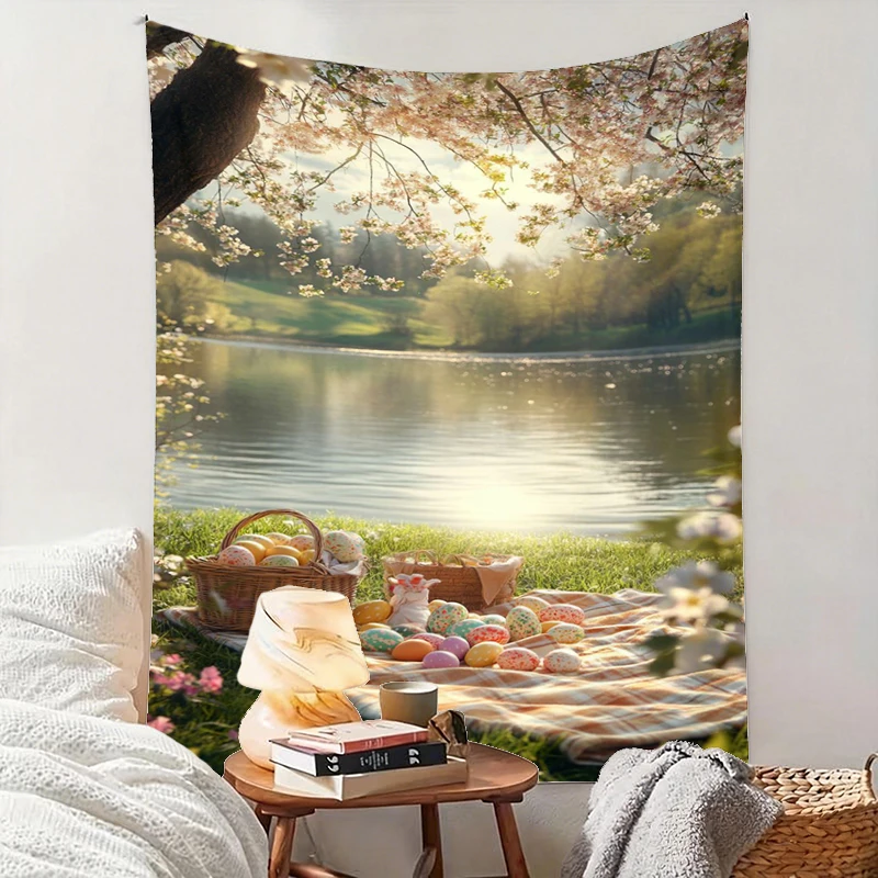 1PC Easter Egg Picnic Art Print Backdrop Banner, Bedroom Living Room Photo Background, Polyester, Home Decor, Wall Art