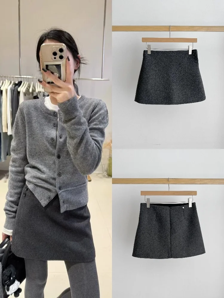 

Юбка-трапеция с высокой талией, женская винтажная шерстяная юбка на пуговицах с эффектом похудения, повседневная одежда