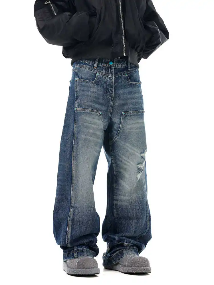 

American High Waist Straight Jeans Leg Waist Loose Wide Leg Women's Y2K Washed Distressed Versatile Casual Denim Pant 2025