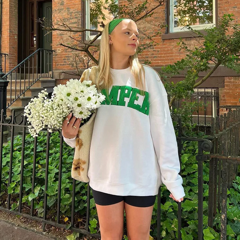 Letter Embroidery O Neck Long Sleeve Loose Sweatshirt Women Autumn Winter Oversized Casual T Shirt Top Streetwear Pullovers