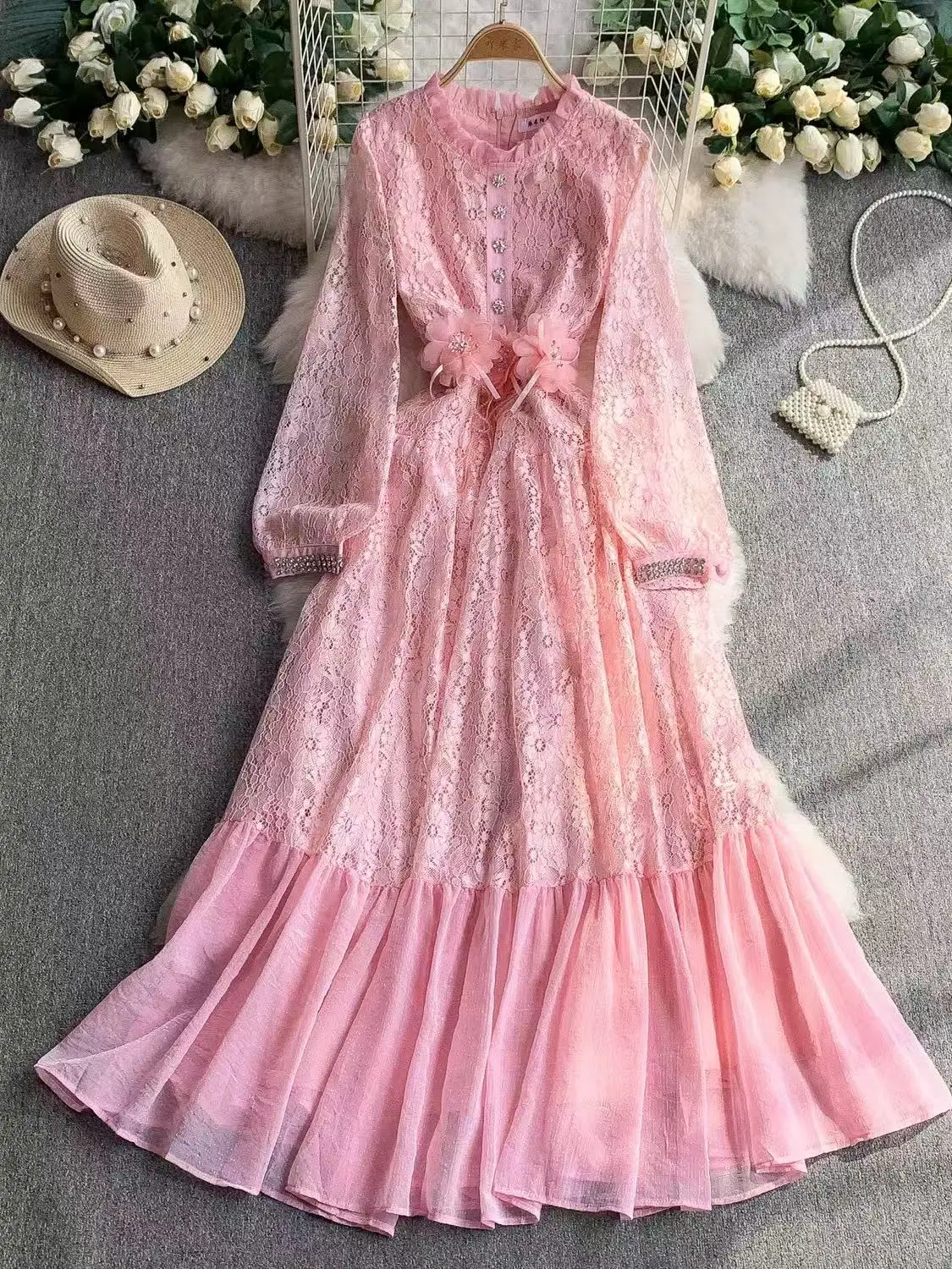 

Lace Elegant Slim Waist Causal A-line Long Dress