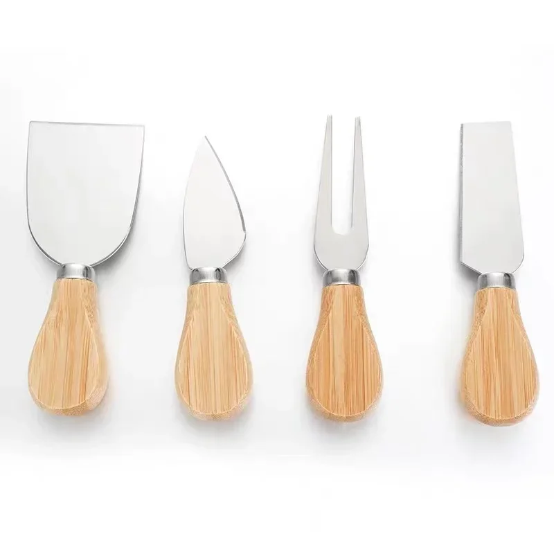 4pcs/set Wood Handle Knife Sets Bamboo Cheese Cutter Slicer Stainless Steel Cheedse   Board Kitchen  Tools