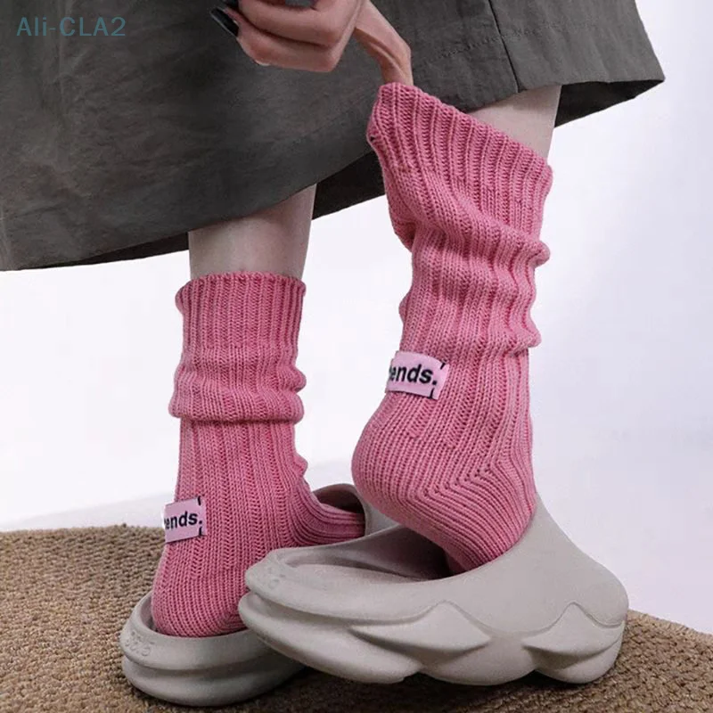 Chaussettes empilées en coton à tube moyen pour hommes et femmes, fil optique coréen, étiquette rose simple japonaise, chaussettes de sport pour couples