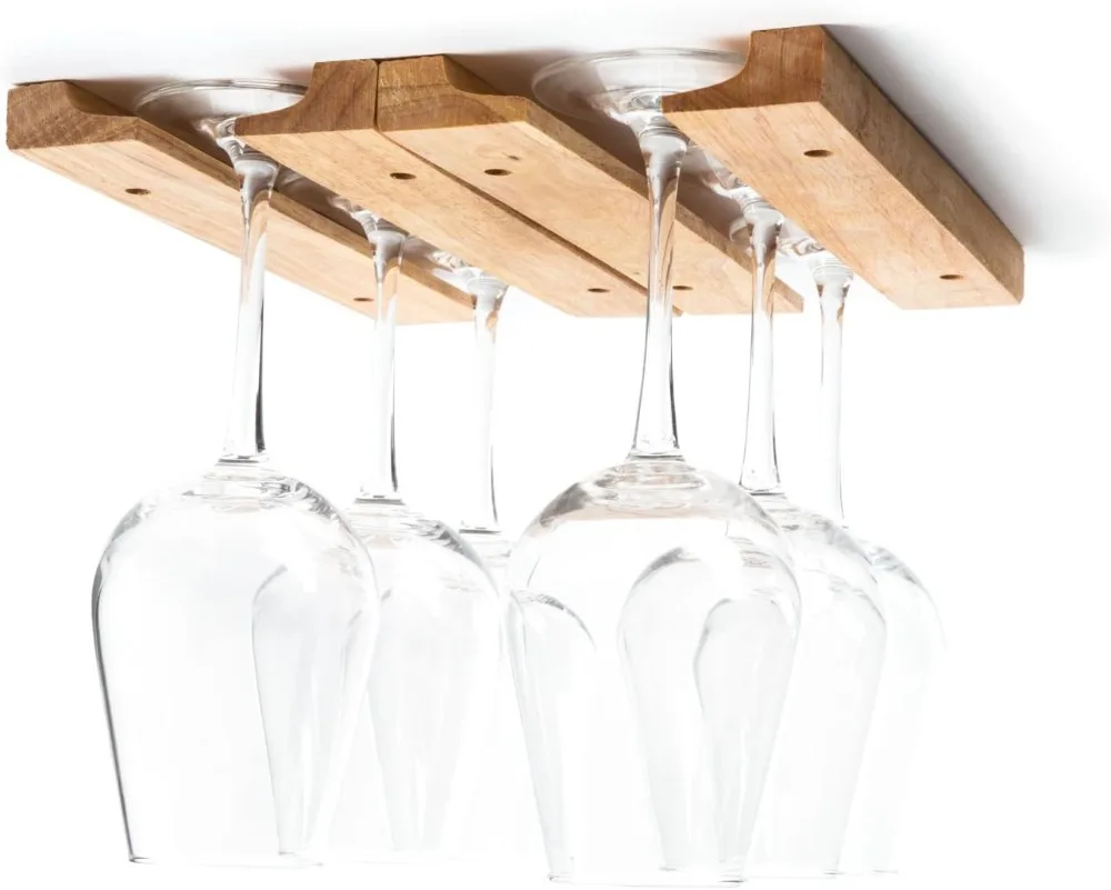 Under Cabinet Wooden Wine Glass Holder Rack, Holds 6-8 Glasses, 11x7x0.75 inches, Brown