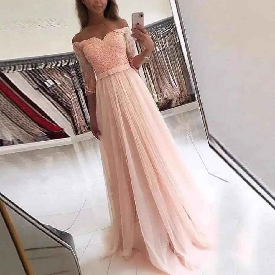 

New Long Skirt Splicing Large Swing V-neck Evening Dress 2025 Lace Off Shoulder Princess Dress Summer Dress Robe Vestido Women