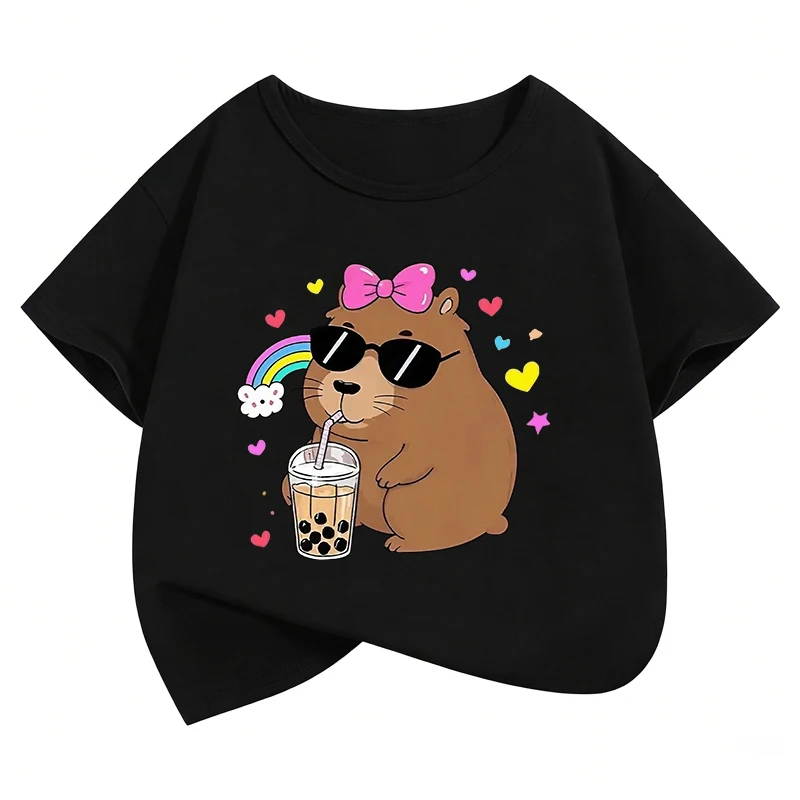 Stylischer Kapuzenpullover für Mädchen mit Capybara-Aufdruck, T-Shirts für Kinder, Kinder-T-Shirt für Jungen und Mädchen, Sommer, Frühling, lässiges Top-T-Shirt