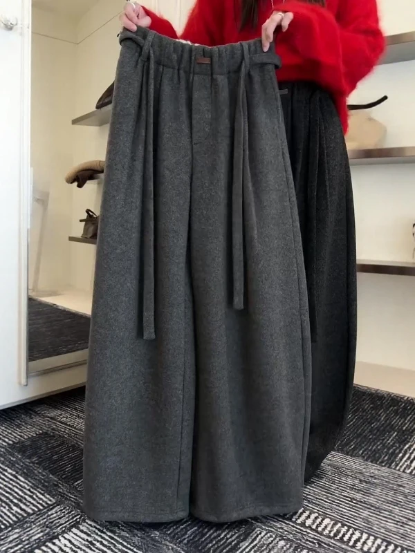 

Deep ey High Waist Woolen Wide Leg Pants Women Winter Belted Straight Casual Trousers Drapey Fce Lined Thiened Warm Lo...