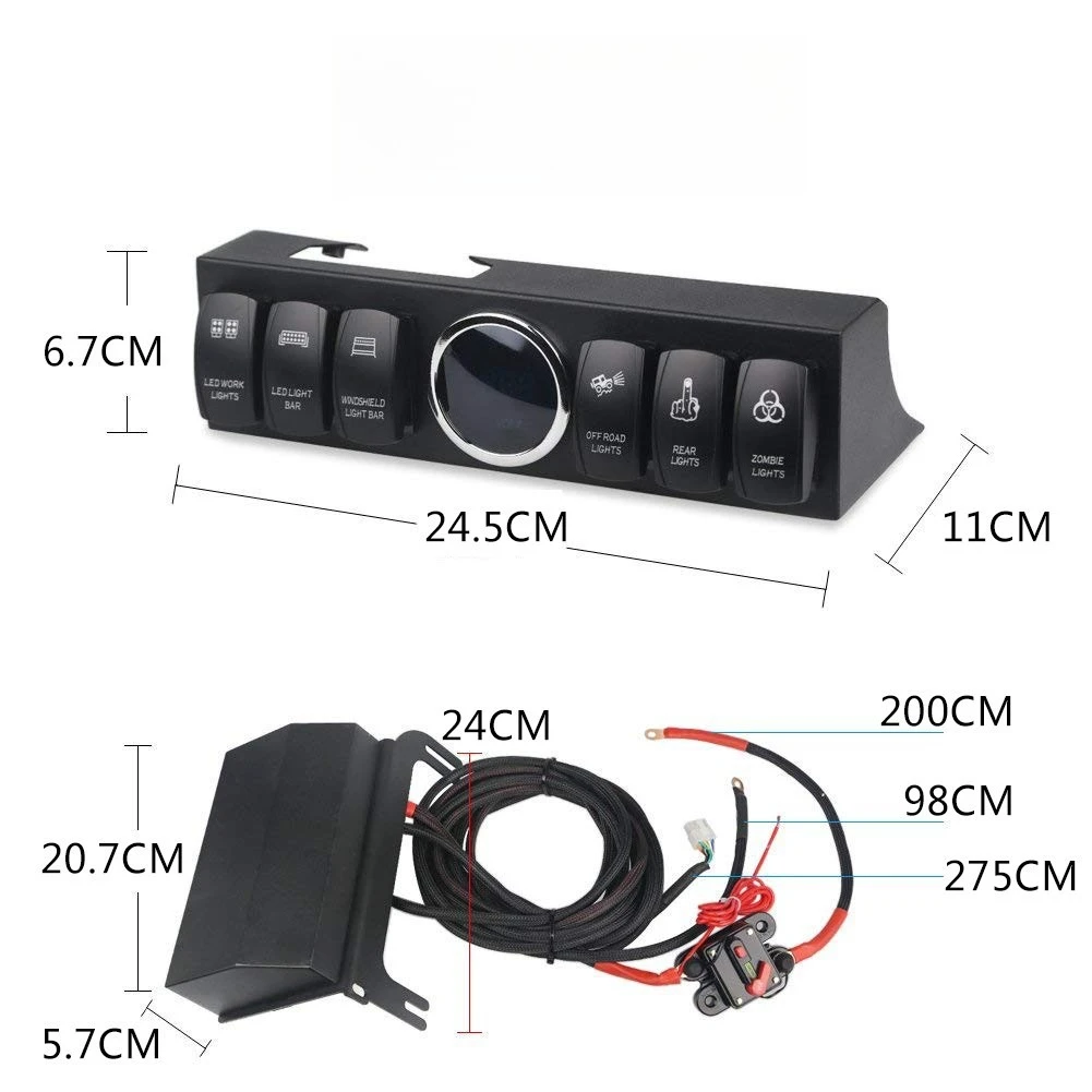 for Jeep Wrangler JK 07-18 6 Gang Switch Panel Fuse Relay Box, Line Modification Switch Control Assembly LED Digital Voltmeter