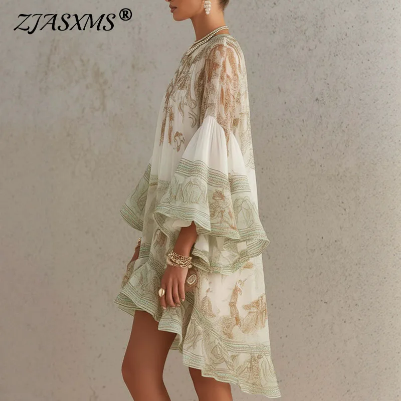 Boho-Print Sommer Strandkleid für Damen, Elegantes O-Ausschnitt Kleid mit Rüschen und Asymmetrischem Saum, Mini-Kleid mit Weiten Ärmeln für Partys