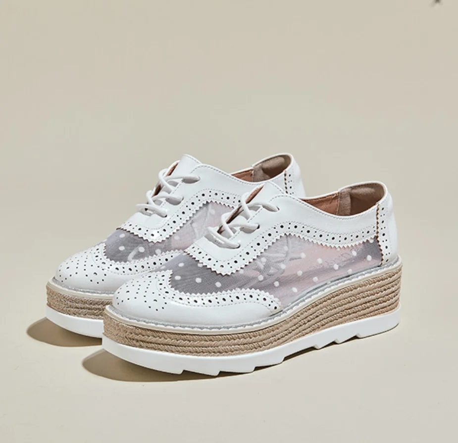 AIYKAZYSDL Lovely Lolita Patchwork Mesh Net Oxford Loafers Platform Wedge Heel Thick Sole Bottom Boat Casual Shoes Women Flats