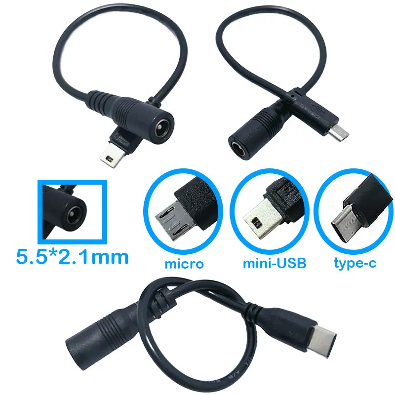5521 DC Power Plug Waterproof Jacket Female To Micro USB / Mini USB / Type C Male Adapter Cable