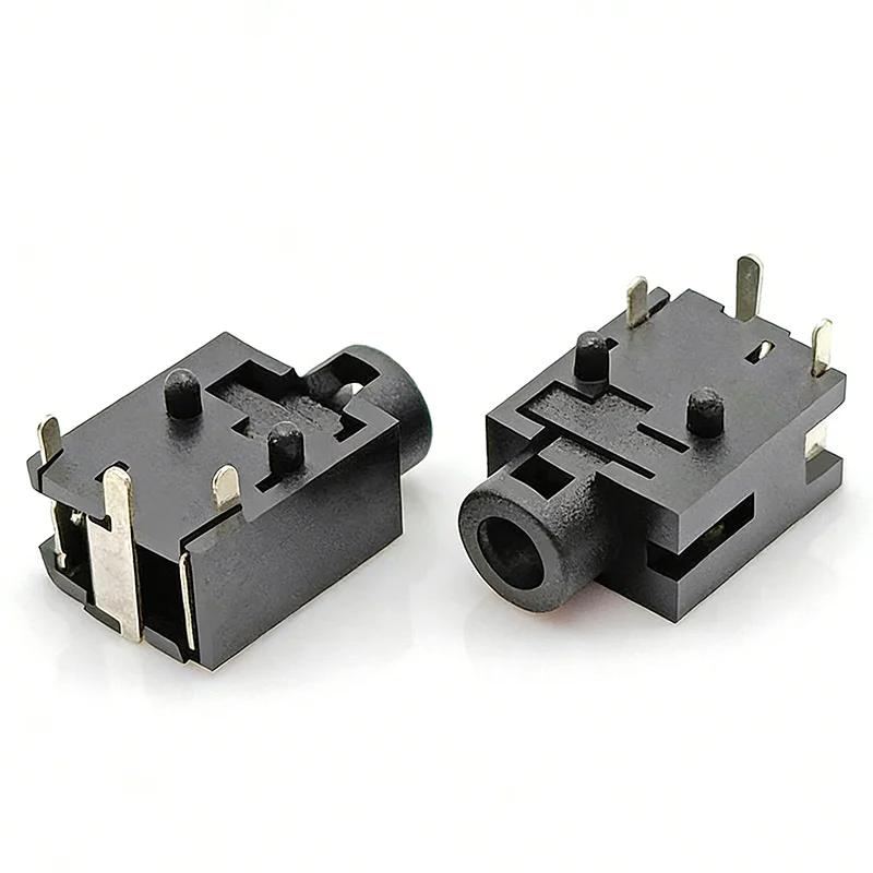 2.5mm headphone jack PJ-203-3P with three-legged rear design and a single-channel configuration, featuring a set of switches