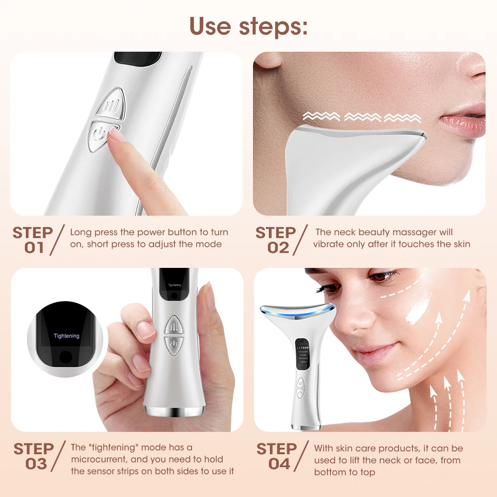 3 Color Light Neck Beauty Device Microcurrent Neck Beauty Massager 45℃ Hot Compress Skin Firming Anti-wrinkle Face Lifting Tool