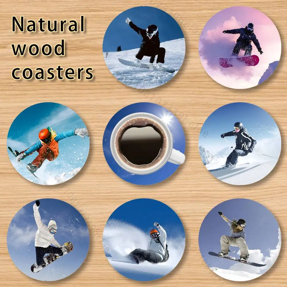 

Snowboarding Sport Style Vintage 4in Wooden Coasters Coffee Tea Cups Home Decor Christmas New Year Party Gift