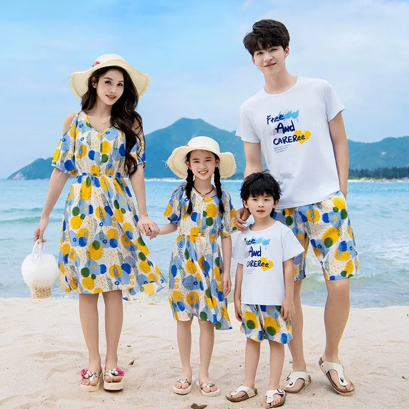 Family Matching Outfit Set Tropical Floral Print Dress & T-Shirt Shorts Set Casual Beach Vacation Outfits for Mom Dad and Kids