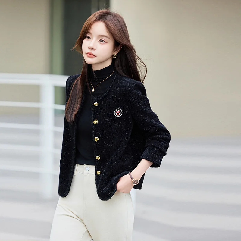 High quality woolen blazer for women single breasted button O neck embroidery autumn winter 2025 elegant  office clothes black