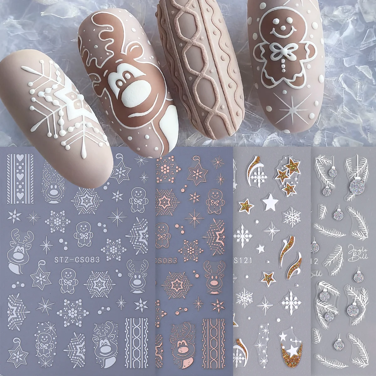 4pcs Winter Cartoon Christmas Metallic Nail Stickers Rose Gold White Reindeer Sparkly Star Ball Snowflakes Decals Manicure Foils