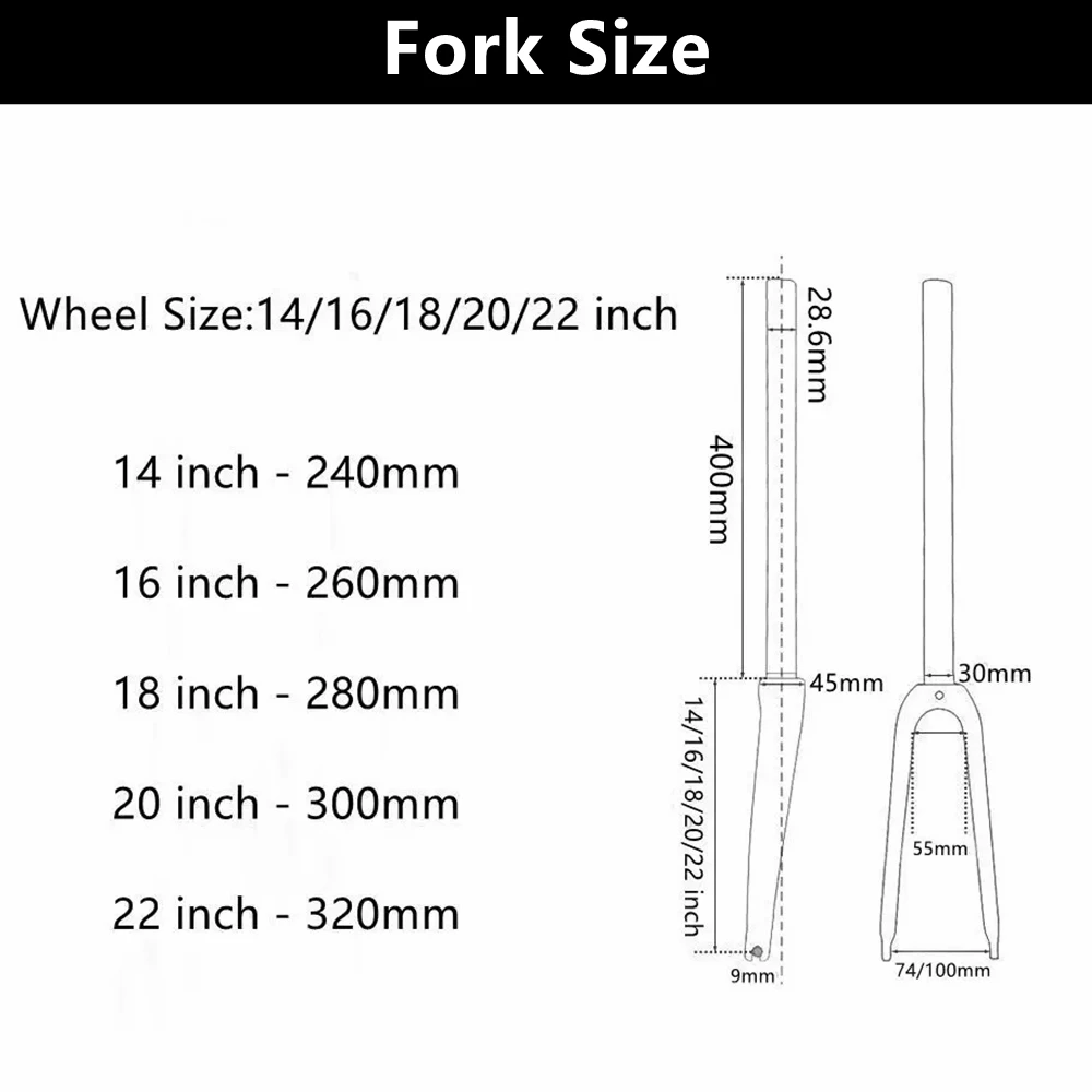 Carbon Fiber Bicycle Front Fork for Kids, Folding Bike Parts, BMX Bike Parts, 14 in, 16 in, 18 in, 20 in, 22 in, 74mm or 100mm